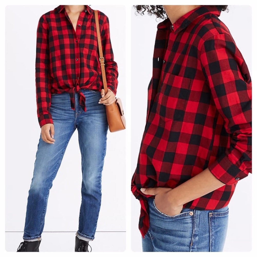 Madewell Red Black Buffalo Plaid Tie Waist Long‎ Sleeve Top Blouse Womens Size M